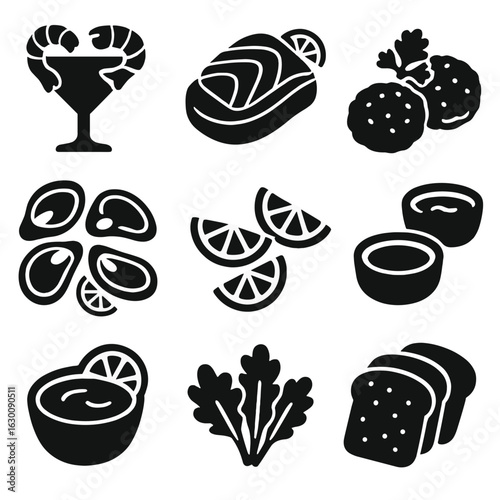 Seafood Appetizer Icons. Solid, filled icons set of seafood appetizers: shrimp cocktail, smoked salmon, crab
