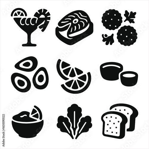 Seafood Appetizer Icons. Solid, filled icons set of seafood appetizers: shrimp cocktail, smoked salmon, crab
