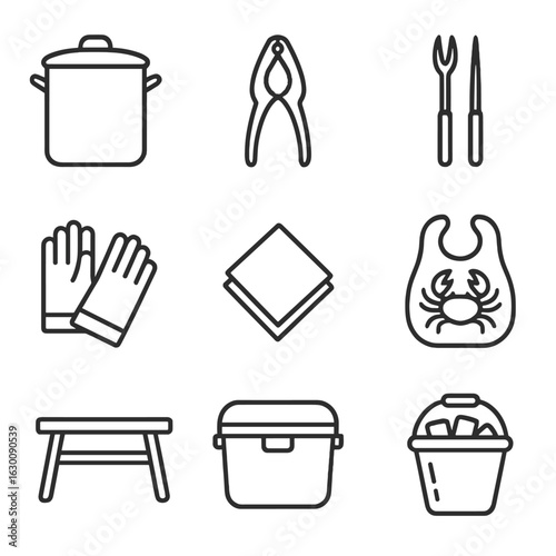 Seafood Boil Icons. Outline icon set of Seafood boil utensils and tools: large pot, crab crackers, seafood