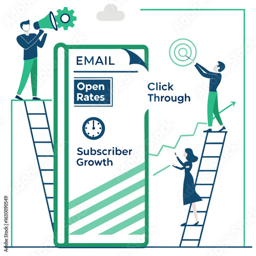Vector art of email marketing strategy with open rates and subscriber growth isolated on white background