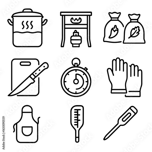 Seafood Boil Icons. Outline icon set of Seafood boil preparation: boiling pot, propane stove, spice bags,