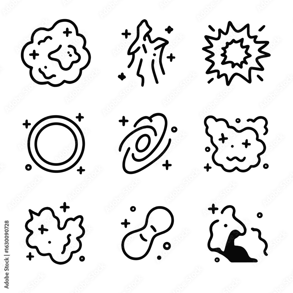 Fototapeta premium Nebula Icon Set. Outline icon set of famous nebulae: Orion Nebula, Eagle Nebula, Crab Nebula, Ring Nebula, Helix Nebula, Lagoon