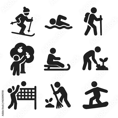 Seasonal Activity Icons. Solid, filled icons set of Seasonal outdoor activities: skiing, swimming, hiking,