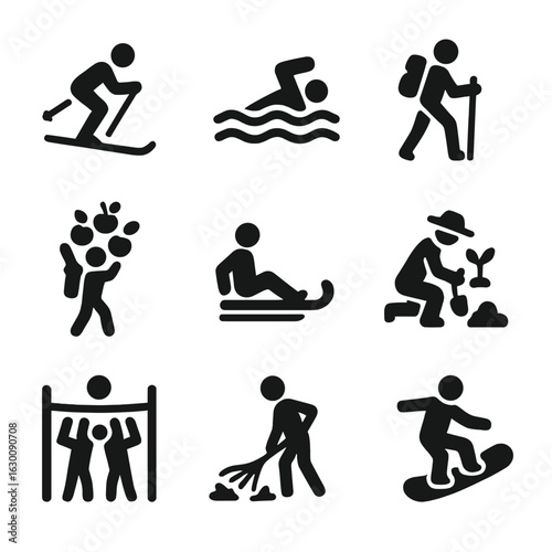 Seasonal Activity Icons. Solid, filled icons set of Seasonal outdoor activities: skiing, swimming, hiking,