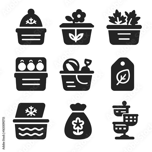 Seasonal Basket Icons. Solid, filled icons set of seasonal storage baskets: winter basket, spring décor bin,