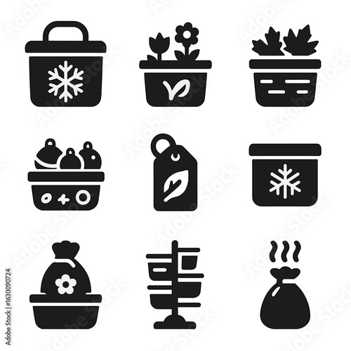 Seasonal Basket Icons. Solid, filled icons set of seasonal storage baskets: winter basket, spring décor bin,