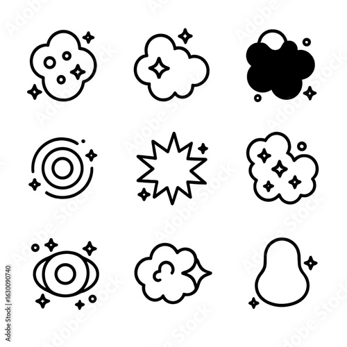 Nebula Icon Set. Outline icon set of nebula types: emission nebula, reflection nebula, dark nebula, planetary nebula, supernova