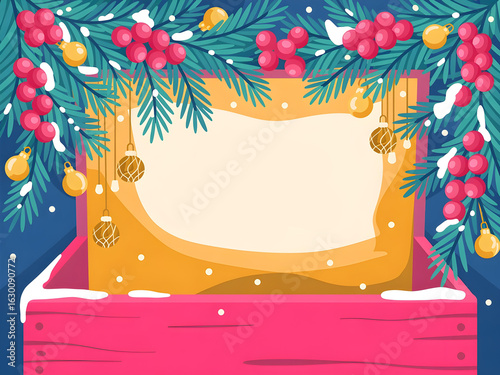 A vibrant holiday greeting background with snowy pine boughs, red berries, and golden ornaments surrounding a colorful, multi-layered frame for copy space