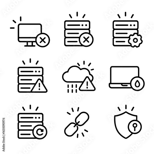 Network Alert Icon Set. Outline icon set of server and network flashing alerts: ping timeout flash, server down indicator, high