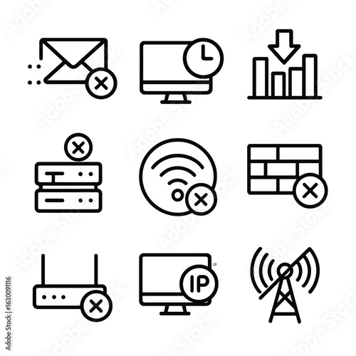 Network Failure Icons. Outline icon set of failure in networks: packet loss, connection timeout, bandwidth drop, server outage,