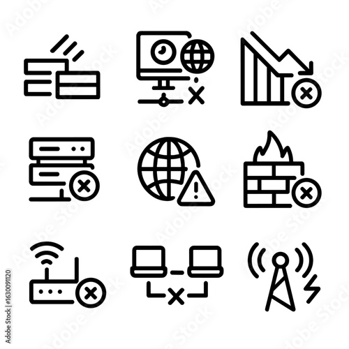 Network Failure Icons. Outline icon set of failure in networks: packet loss, connection timeout, bandwidth drop, server outage,