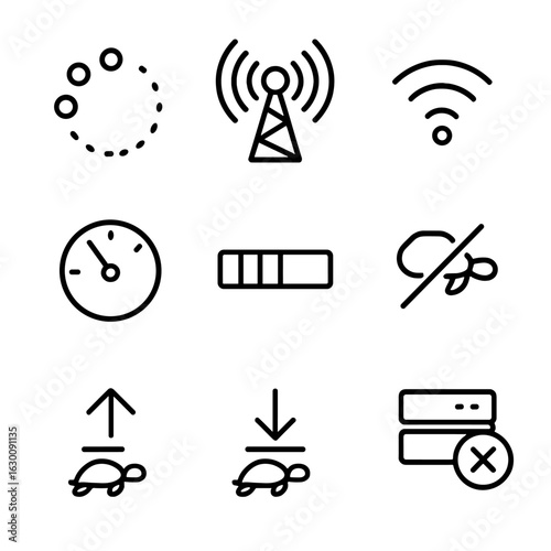 Network Delay Icons. Outline icon set of network delay: buffering, signal tower, Wi-Fi weak, latency meter, loading bar,