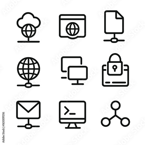 Network Protocol Icons. Outline icon set of network protocols: TCP/IP, HTTP, FTP, SMTP, DNS, DHCP, SSL, SSH, SNMP. Line icons in