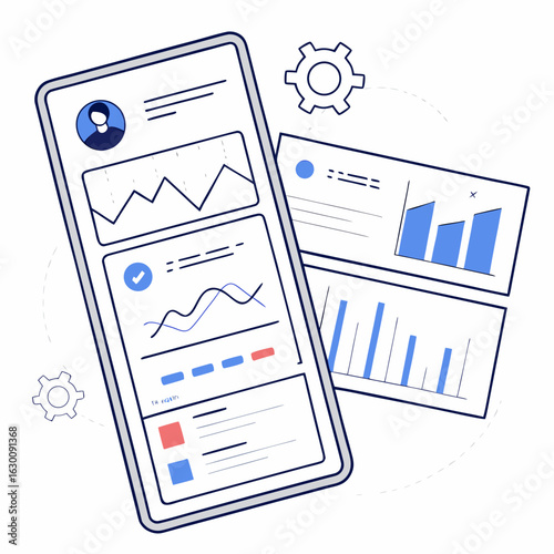 Vector art of mobile dashboard displaying data analysis and statistics isolated on white background