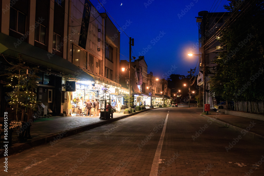 Obraz premium Night Street with Illuminated Shops and Decorative Lights in Japan