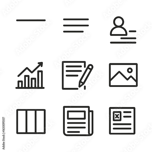 News Publication Icons. Outline icon set of news publication elements: headline, article text, byline, infographic, editorial