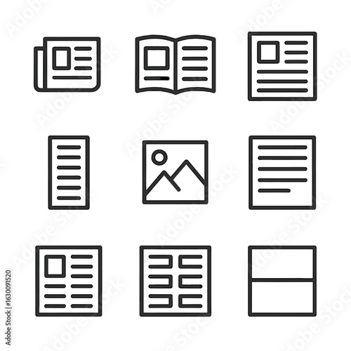Newspaper Icon Set. Outline icon set of newspaper elements: folded newspaper, open spread, front page, article column, photo