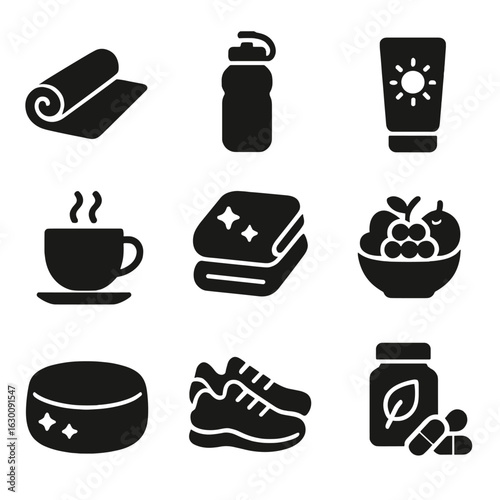 Seasonal Wellness Icons Grid. Solid, filled icons set of Seasonal wellness routines: yoga mat, hydration