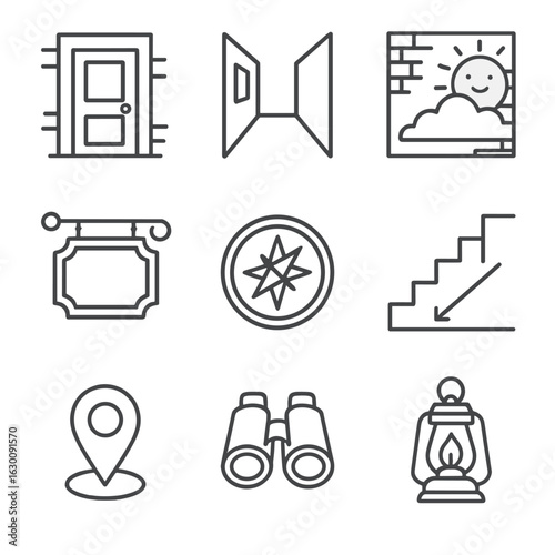 Secret City Icons. Outline icon set of secret city spots: hidden door, alleyway, mural, vintage sign, stairway