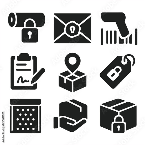 Secure Mail Icons. Solid, filled icons set of secure mailing methods: locked tube, tamper-evident seal,