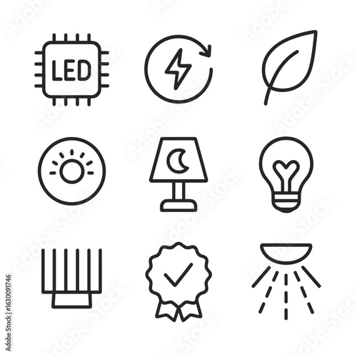Energy-Efficient Lighting Icons. Outline icon set of energy-efficient lighting: LED chip outline, low-power symbol, eco-friendly