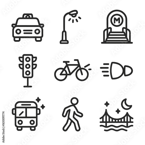 Night Transport Icons. Outline icon set of night transport: taxi cab, street light, subway entrance, traffic signal, bike with