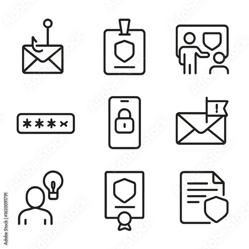 Security Awareness Icons. Outline icon set of Security awareness and training: phishing simulation, security
