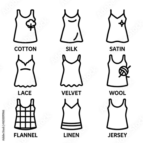 Nightgown Fabric Icons. Outline icon set of nightgown fabrics: cotton, silk, satin, lace, velvet, wool, flannel, linen, jersey.