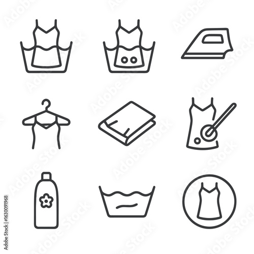 Nightgown Care Icons. Outline icon set of nightgown care: washing instructions, delicate wash, ironing, hanging to dry, fold,