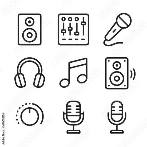 Entertainment Sound Icons. Outline icon set of entertainment sound: concert speaker, DJ mixer, microphone, headphones, radio,