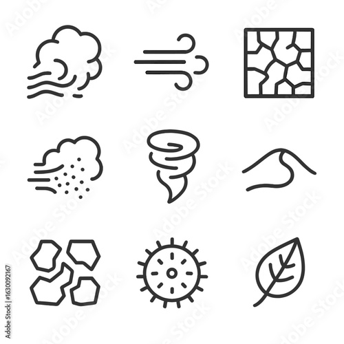 Environmental Dust Icons. Outline icon set of environmental dust phenomena: dust storm, desert wind, dry soil, airborne dust, dust