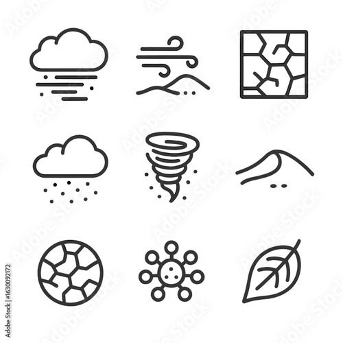 Environmental Dust Icons. Outline icon set of environmental dust phenomena: dust storm, desert wind, dry soil, airborne dust, dust