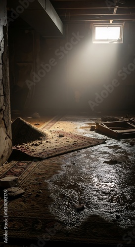 Sunbeams pierce a dimly lit, abandoned basement.