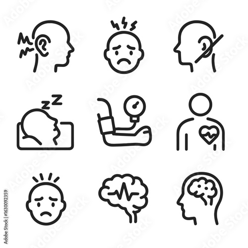 Noise Health Icons. Outline icon set of noise-related health issues: tinnitus, anxiety, hearing impairment, sleep disorder, high