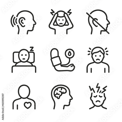 Noise Health Icons. Outline icon set of noise-related health issues: tinnitus, anxiety, hearing impairment, sleep disorder, high