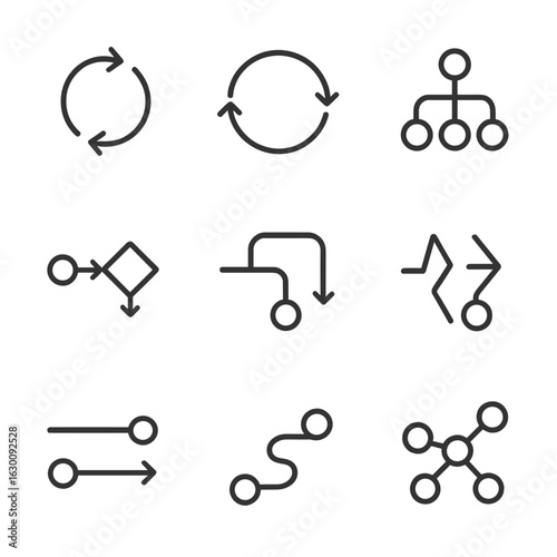 Nonlinear Workflow Icons. Outline icon set of nonlinear workflows: iterative process, feedback loop, multiple branches, parallel
