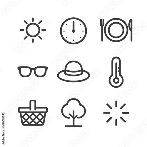 Noon Icon Set. Outline icon set of noon: sun at zenith, clock showing 12 o'clock, lunch plate, sunglasses, sun hat, thermometer,