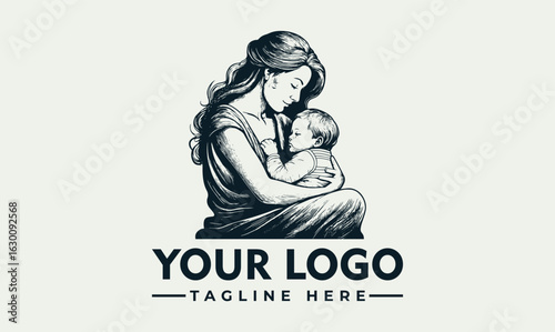 Vintage style logo featuring a loving mother holding a sleeping baby.