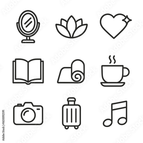 Self-Love Icon Set. Outline icon set of self-love and independence: mirror, lotus flower, heart with sparkle,