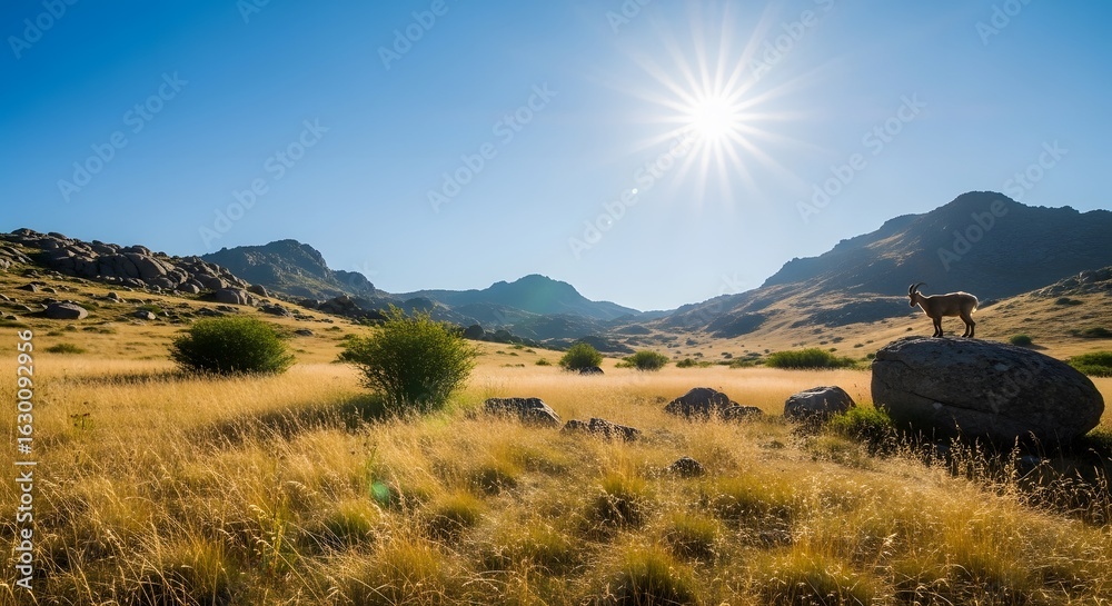 Fototapeta premium Mountain Goat Standing on Rock in Golden Grass Field
