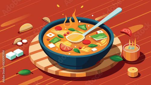 Illustration of a bowl of hot soup with a spoon and ingredients on a wooden surface and red background