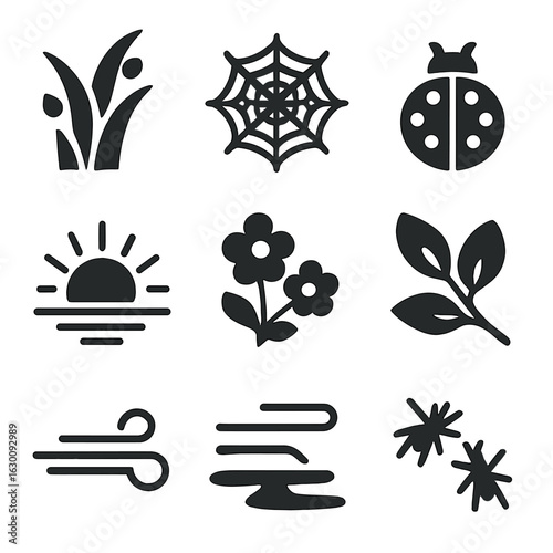 Serene Morning Dew Icons. Solid, filled icons set of serene morning dew scene: dew on grass blades, spider web