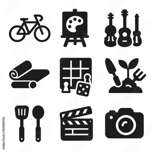 Shared Hobbies Icons. Solid, filled icons set of shared hobbies and activities: bike riding, painting easel,
