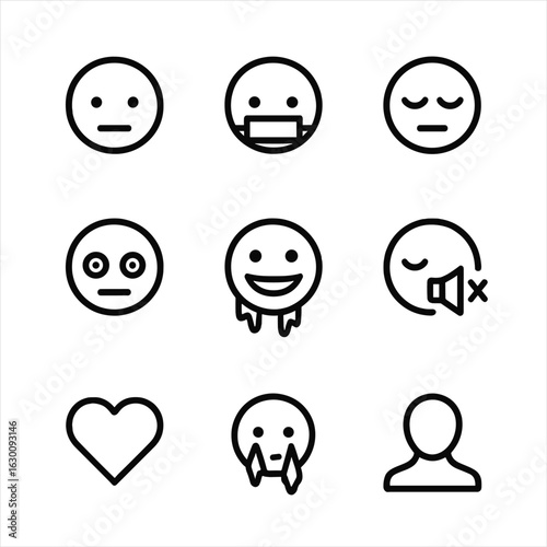 Numbness Icon Set. Outline icon set of numbness expressions: emotionless face, silent mouth, closed eyes, blank stare, frozen