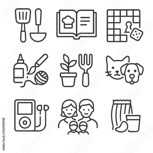 Shared Home Icons. Outline icon set of shared home activities: cooking utensils, recipe book, game board,