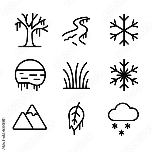 Numbness in Nature Icons. Outline icon set of numbness in nature: frozen tree, icy river, snowflake, frozen lake, frost, ice