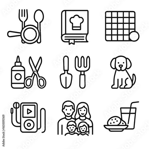 Shared Home Icons. Outline icon set of shared home activities: cooking utensils, recipe book, game board,
