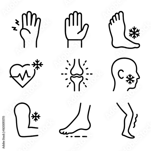 Numbness Symptoms Icons. Outline icon set of numbness symptoms: tingling hand, loss of feeling, frozen foot, cold pulse, numb