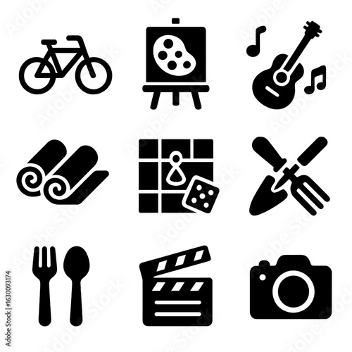 Shared Hobbies Icons. Solid, filled icons set of shared hobbies and activities: bike riding, painting easel,