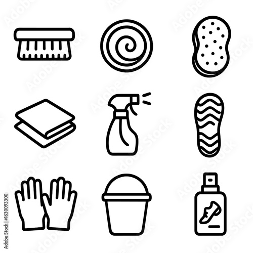 Shoe Care Icons. Outline icon set of shoe care routine: shoe brush, polish, cleaning cloth, sponge, water